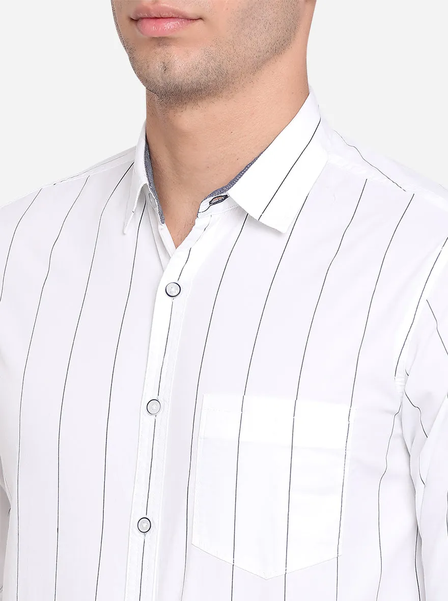 White & Navy Blue Striped Slim Fit Semi Casual Shirt | Greenfibre